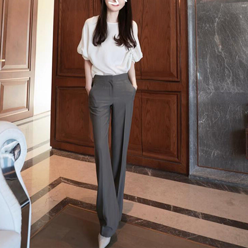 Dame elegant bluse med pufærmer og smalle jakkesætsbukser Stilla