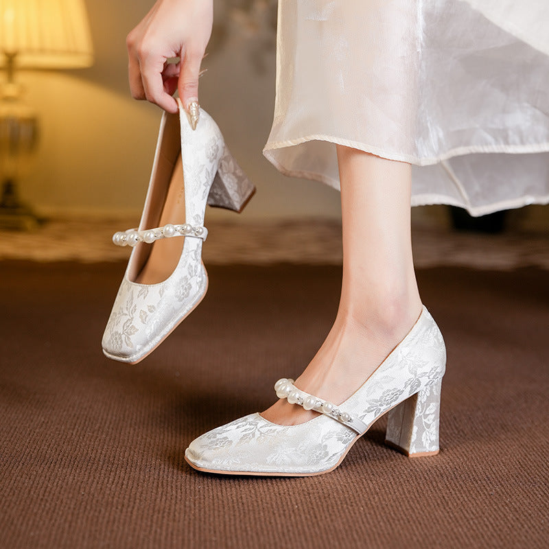 Dame Elegant Blokhæl Mary Jane Pumper med Dekorativ Perlekæde Stilla