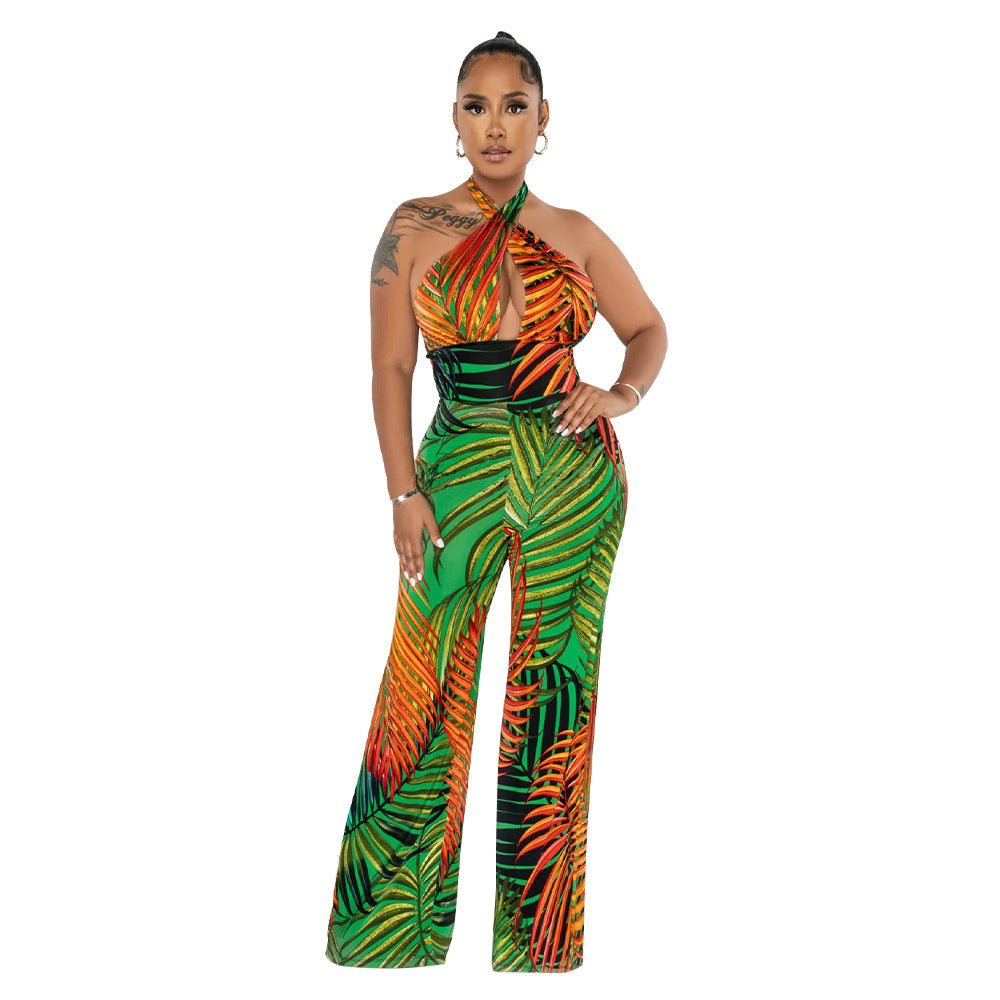 Dame elegant jumpsuit med afslappet halter-design og iøjnefaldende bladmønster Stilla