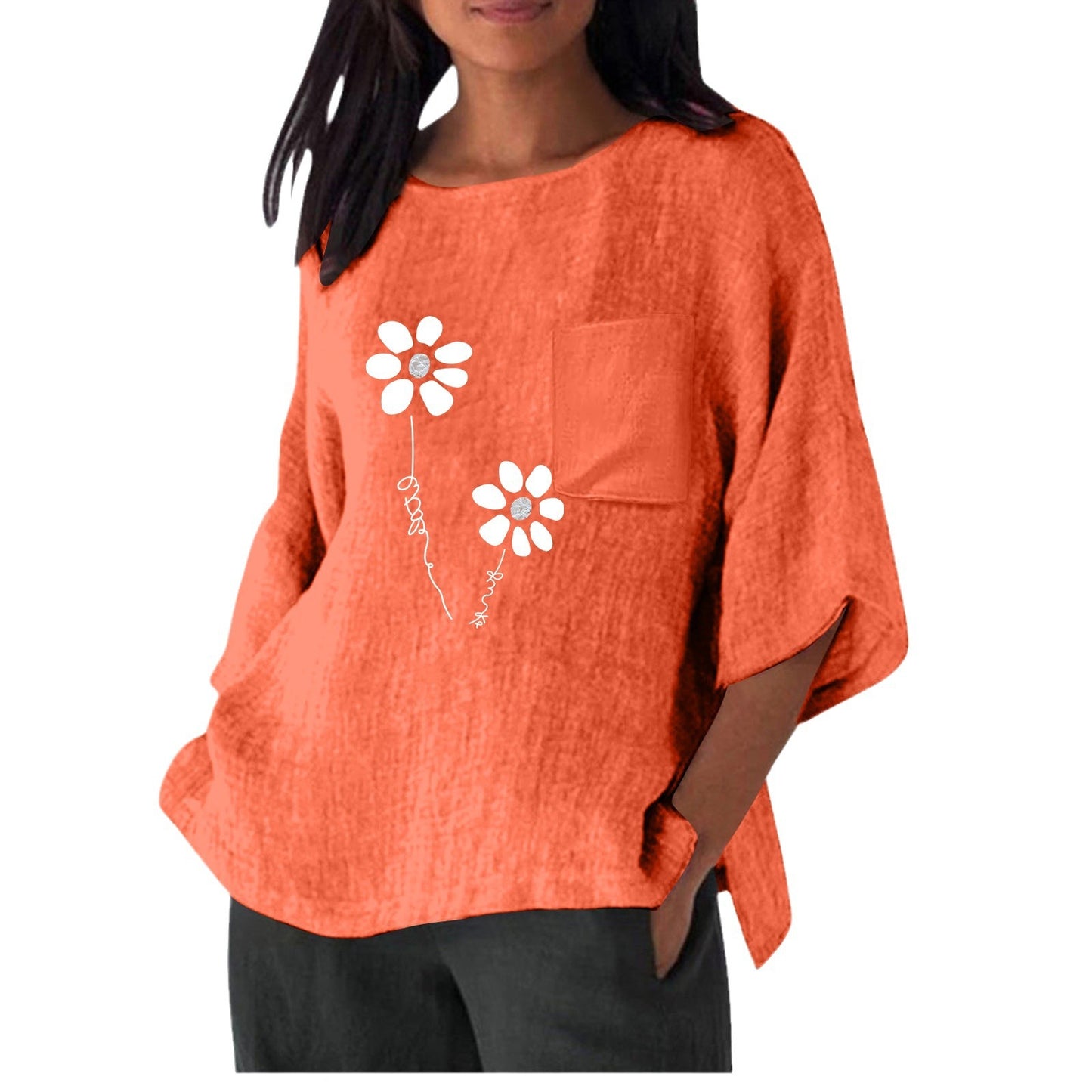 Dame afslappet bluse t-shirt med unik blomsterprint og praktisk brystlomme Stilla