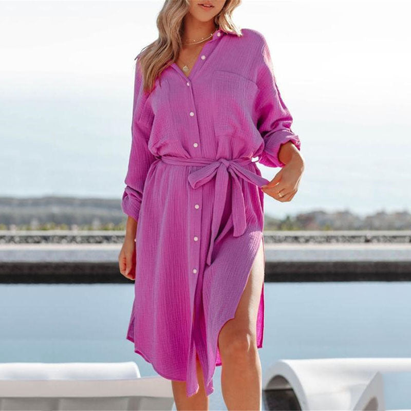 Dame afslappet skjortekjole med taljebælte og asymmetrisk kant Stilla