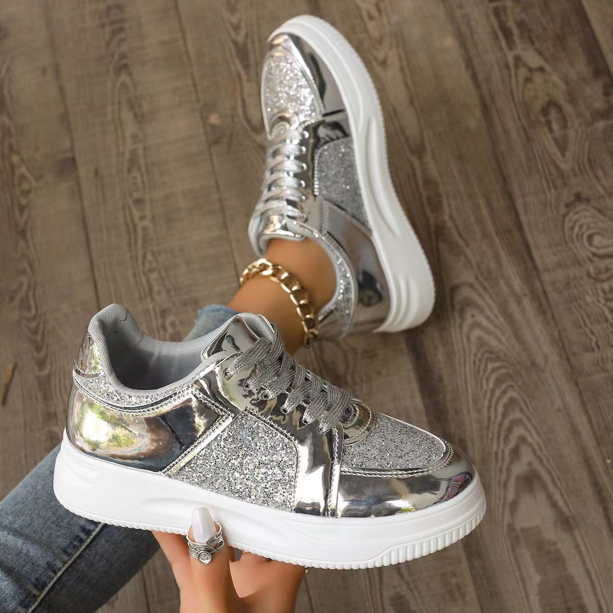 Dame Glamourøse Sneakers med funklende glimmer og højdæmpende sål Stilla