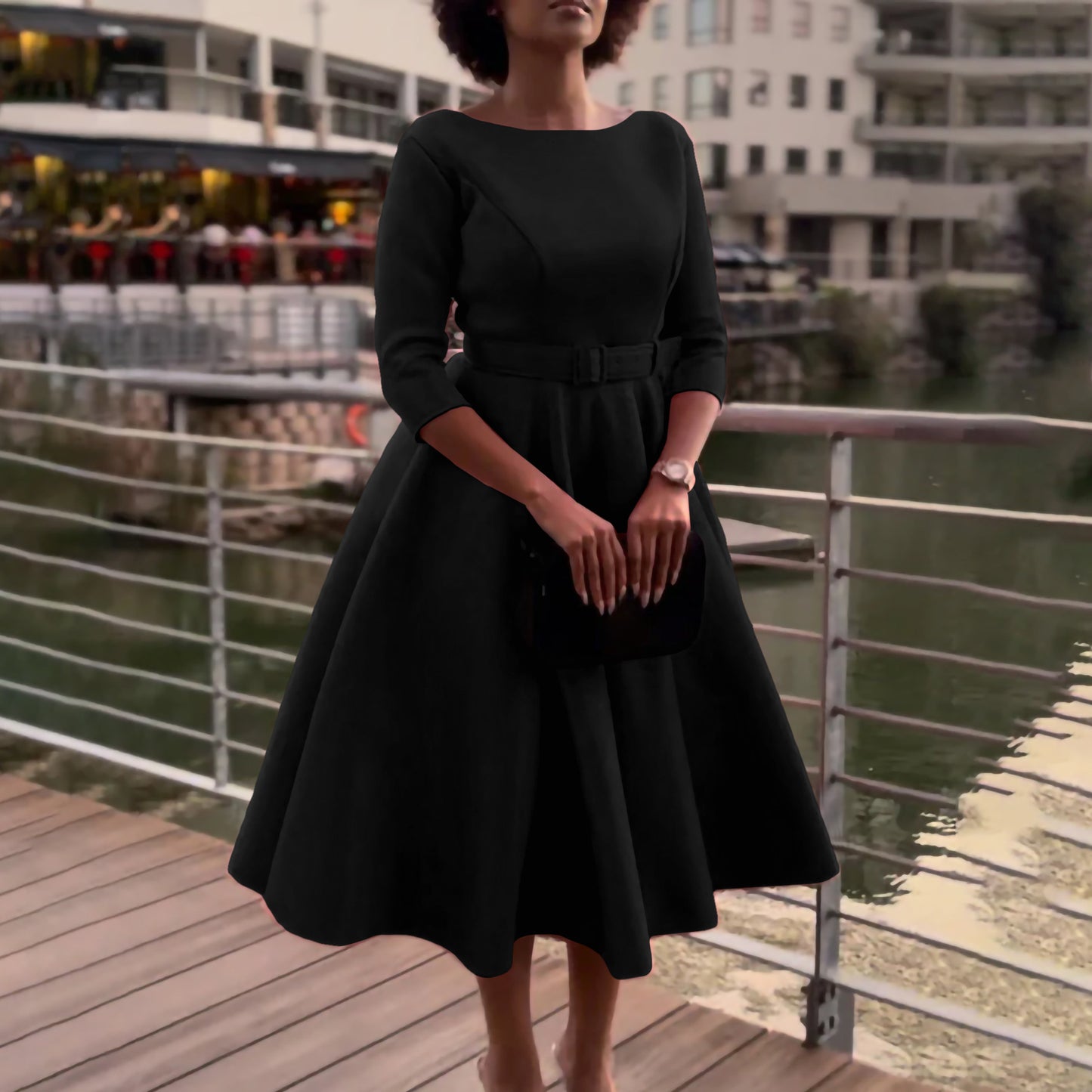 Dame A-linje kjole med taljebælte og klassiske 3/4-ærmer Stilla