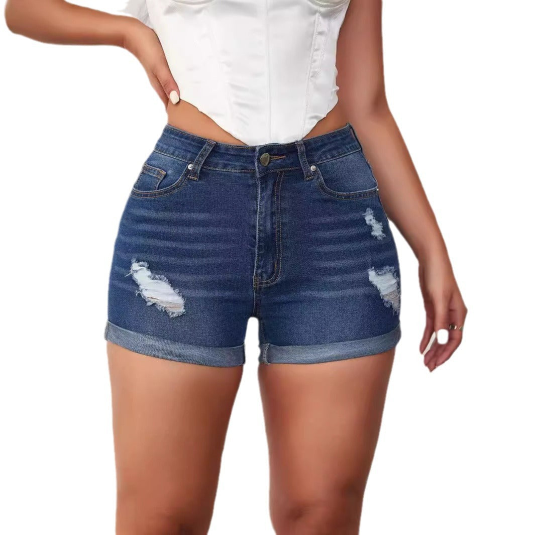 Dame Denim Shorts i trendy distressed look med høj talje og omfoldet nederkant Stilla