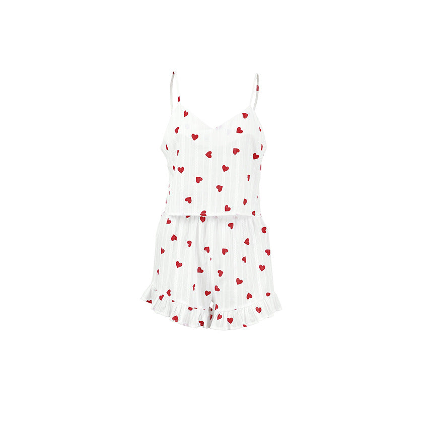 Dame Cropped Top og Shorts Sæt med Hjerte Motiver og Rynke Detaljer Stilla