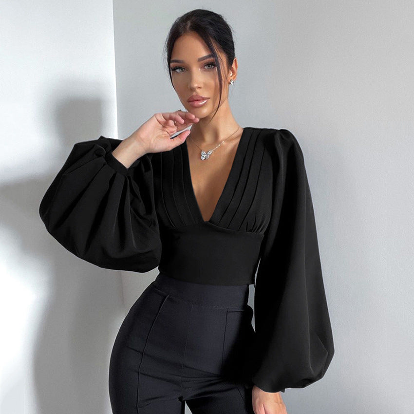 Dame elegant bluse med voluminøse puffærmer og V-udskæring Stilla
