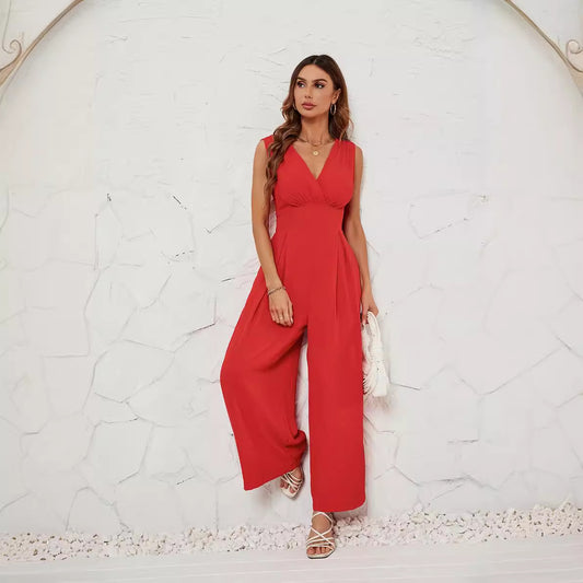 Dame elegant jumpsuit med V-udskæring og sidelommer Stilla