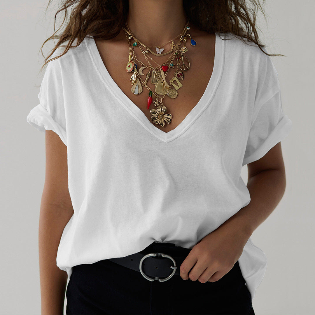 Dame afslappet oversized T-shirt med dyb V-udskæring og fine spidse accenter Stilla