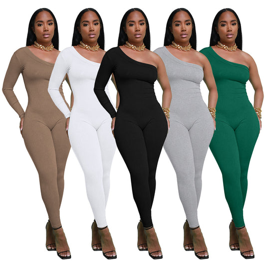 Dame Asymmetrisk Langærmet Jumpsuit i ribbet materiale Stilla