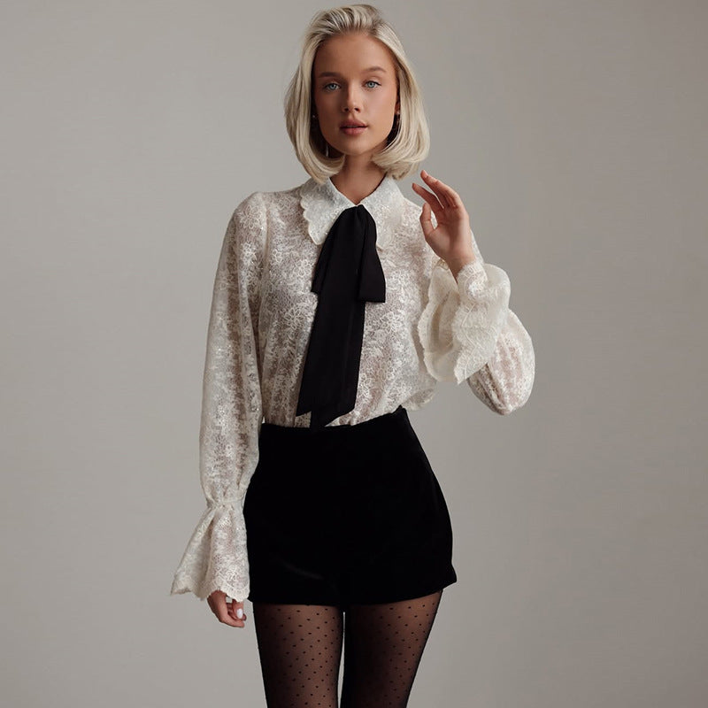 Dame Elegant Bluse med Rüschen og Kravbindingdetalje Stilla