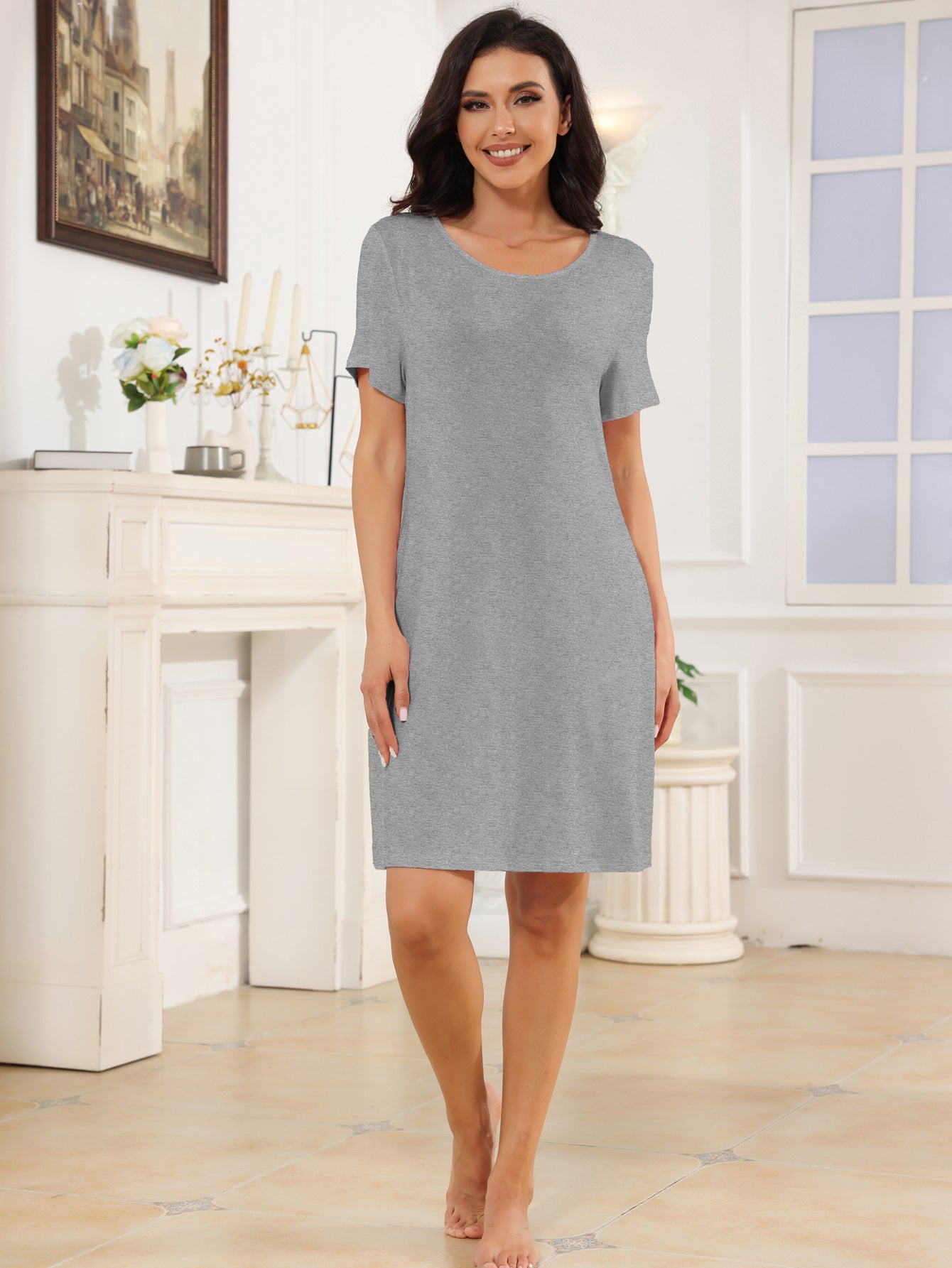 Dame afslappet natkjole i blødt jersey-materiale med rund hals Stilla