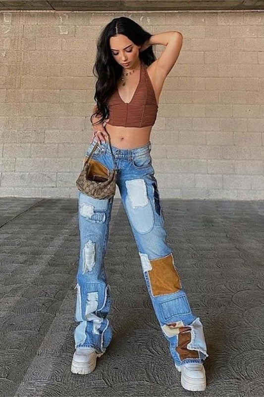 Stilla | Amerikansk Retro Stil Kontrast Patches Jeans