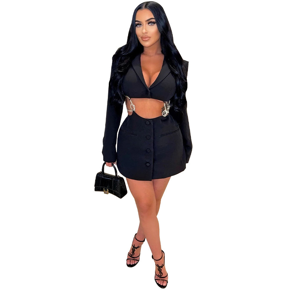 Dame Cropped Blazer-Jakke med figursyet Mini-Nederdel og taljeret Silhuet Stilla