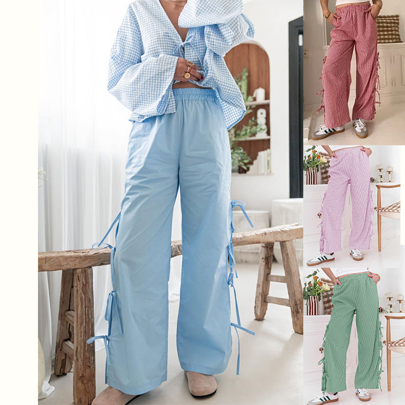 Dame afslappede ternet bukser med elastisk liv og frynset detaljer Stilla