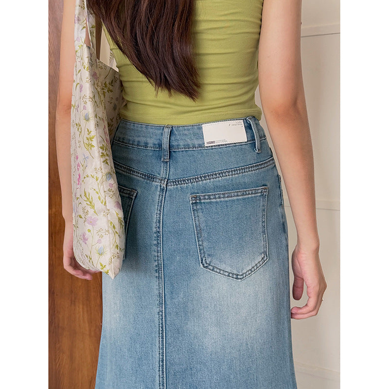 Dame denim midirock med højskåret talje og flydende snit Stilla