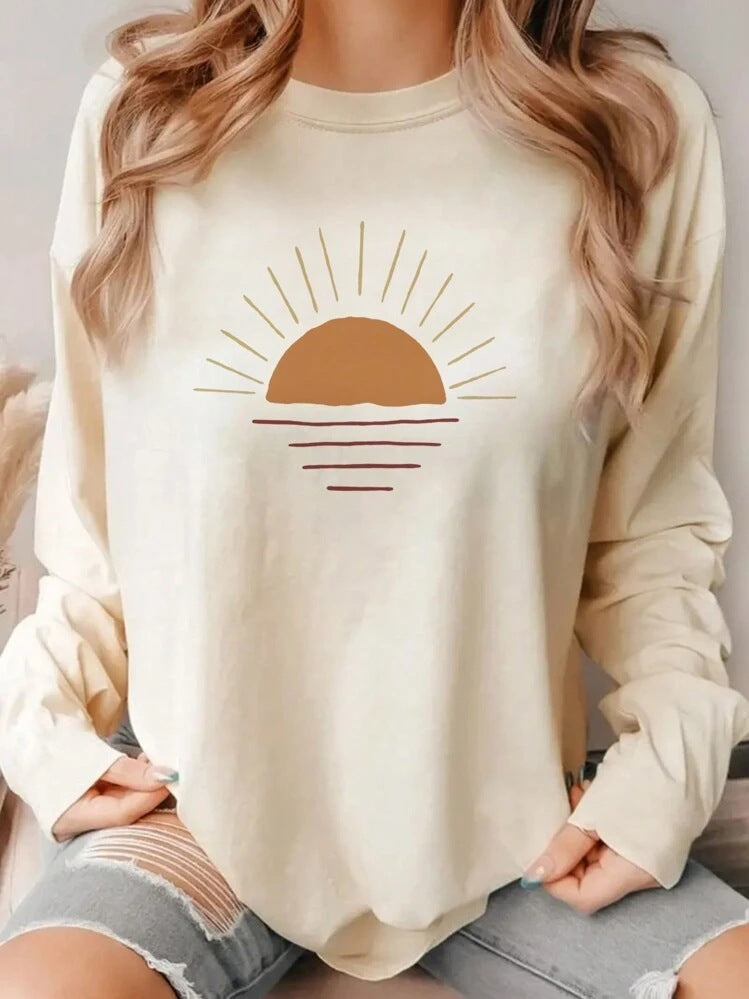 Dame afslappet langærmet skjorte med solmotiv og moderne snit Stilla