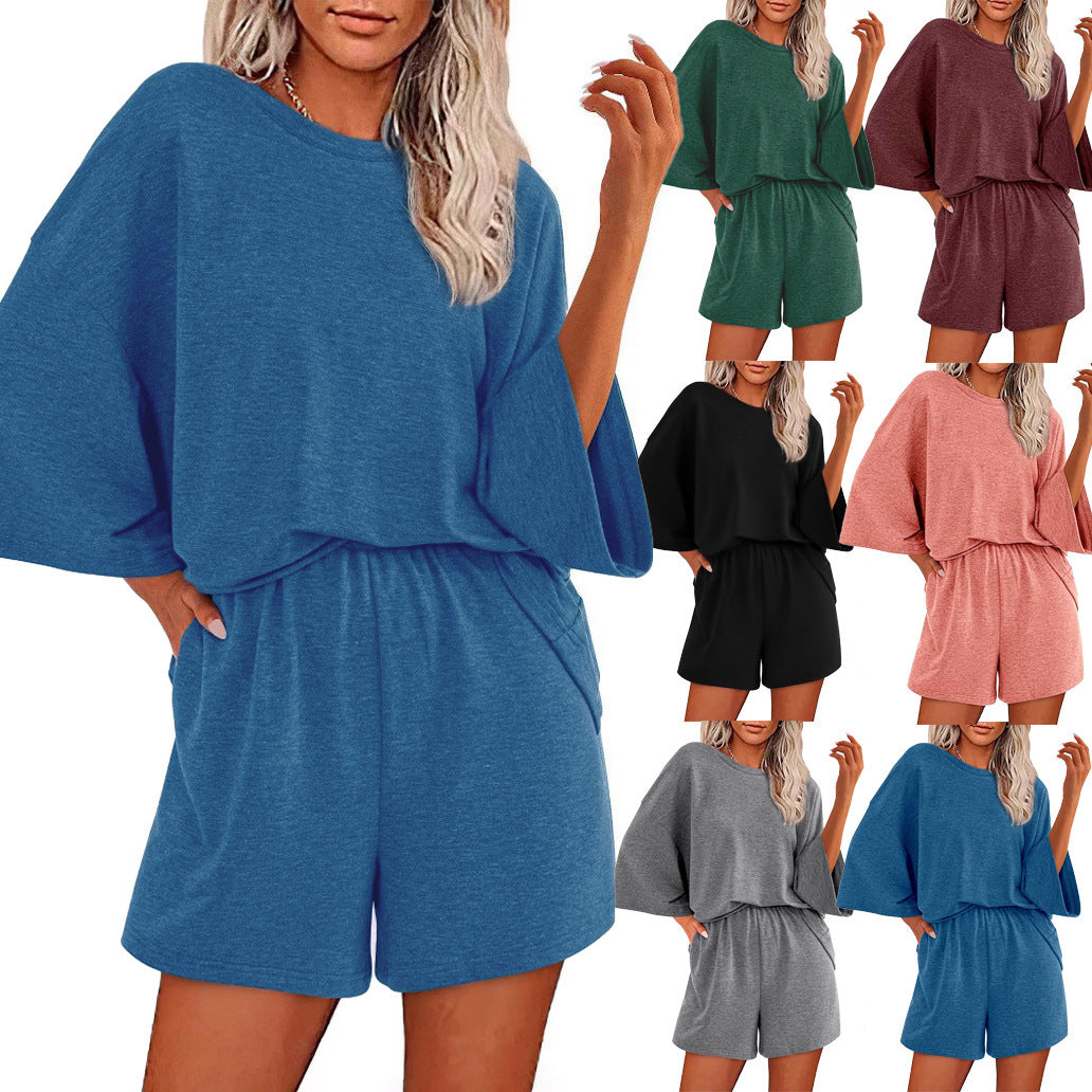 Dame afslappet kort sæt med overdimensionerede ærmer og elastisk talje Stilla