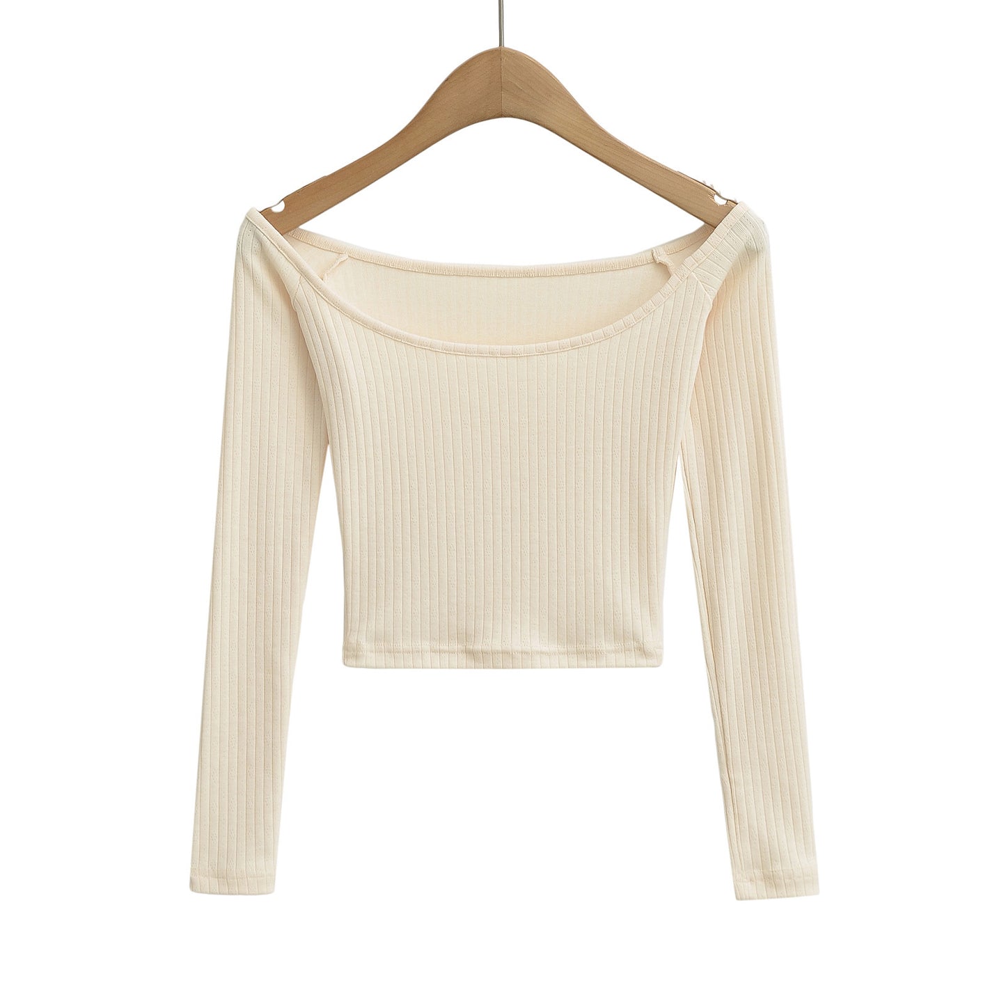 Dame cropped Langærmet skjorte med elegant Rundhalsshalsudskæring og fin ribstruktur Stilla