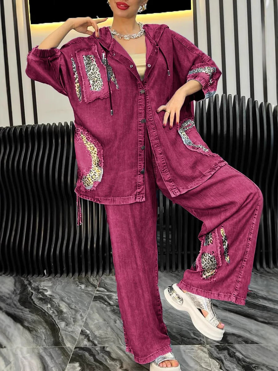 Dame afslappet denim sæt med hætte og dyreagtige accenter Stilla