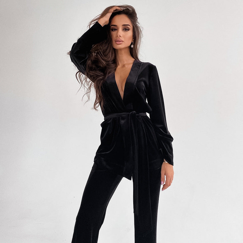 Dame elegant fløjls Jumpsuit-sæt med knælangt snit og taljeringabel bælte Stilla