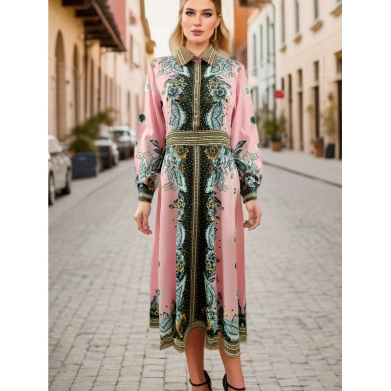 Dame Elegant Blomstret Trykt Maxi Skjortekjole Stilla