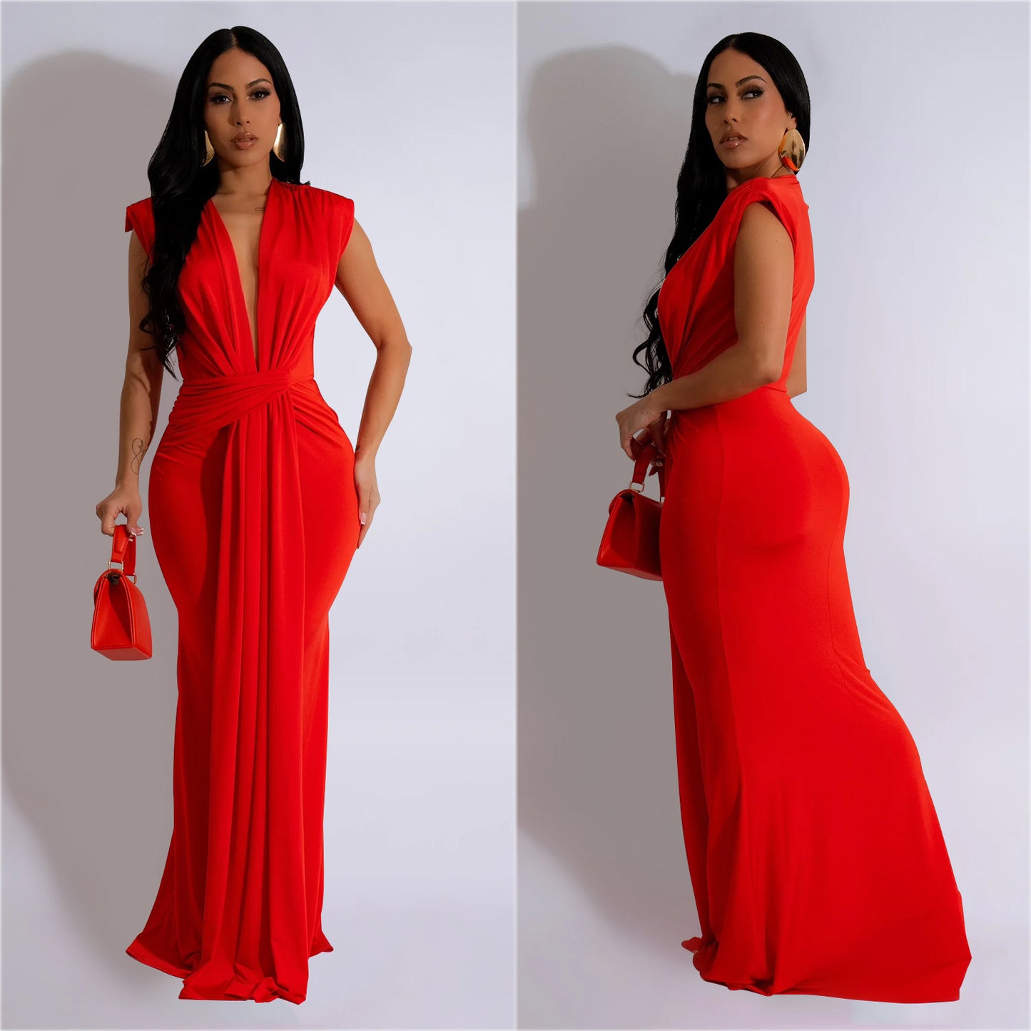 Dame Elegant dybudskåret maxikjole med knudeformet design og flydende stof Stilla