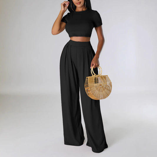 Dame Cut-Out Crop Top og brede High Waist Bukser Sæt Stilla