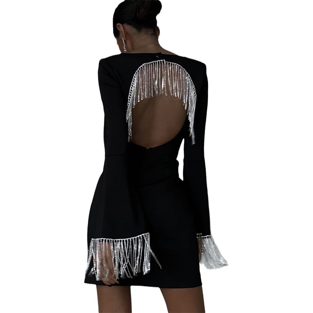 Dame Elegant Cocktailkjole med glitrende ryg og glamourøse frynser Stilla