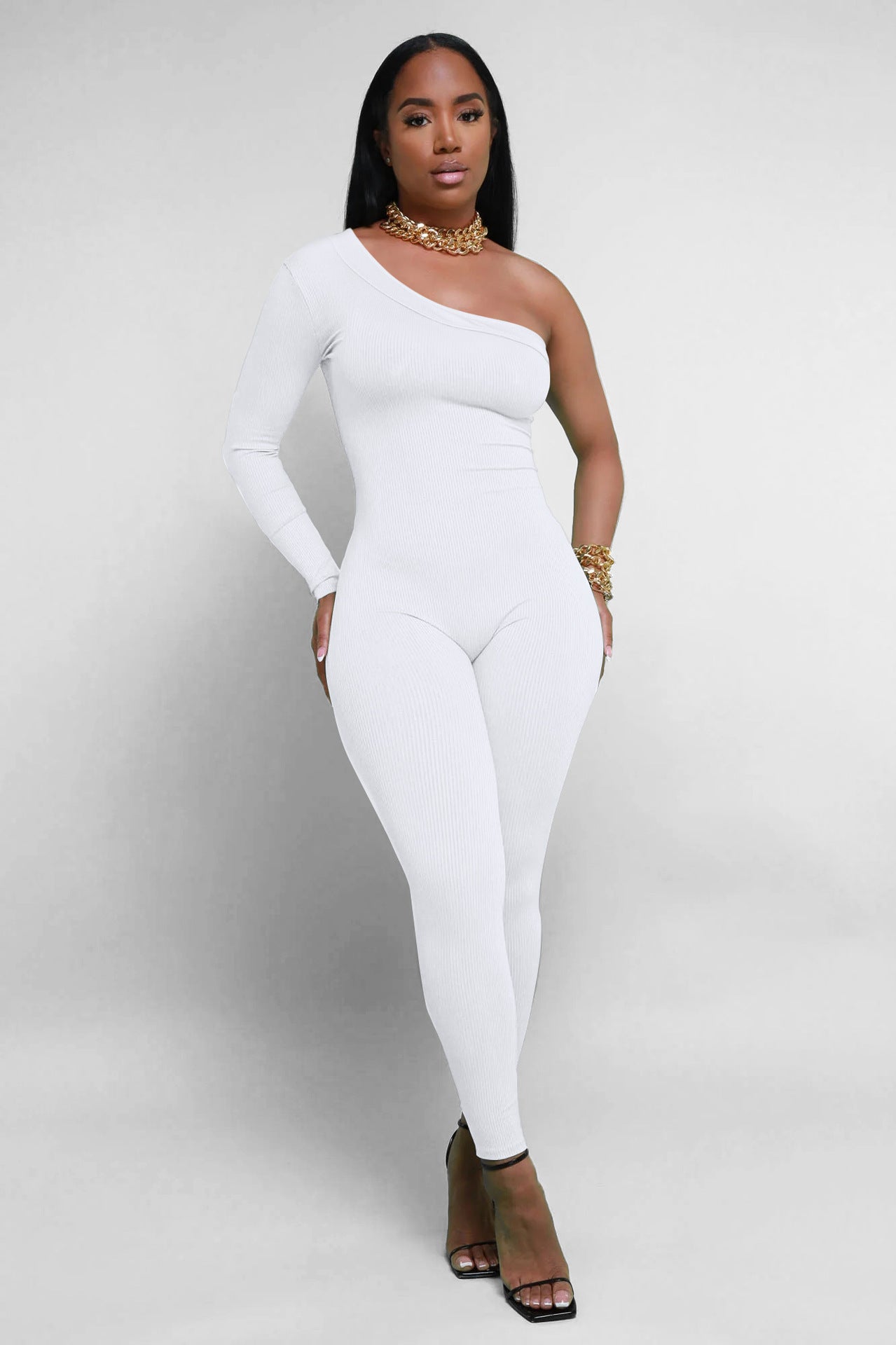 Dame Asymmetrisk Langærmet Jumpsuit i ribbet materiale Stilla