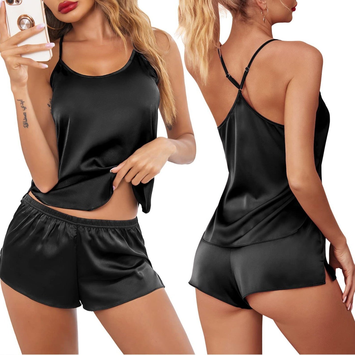 Stilla | Satin-Pyjamas Sommer Cami Top Elastiske Shorts Sæt