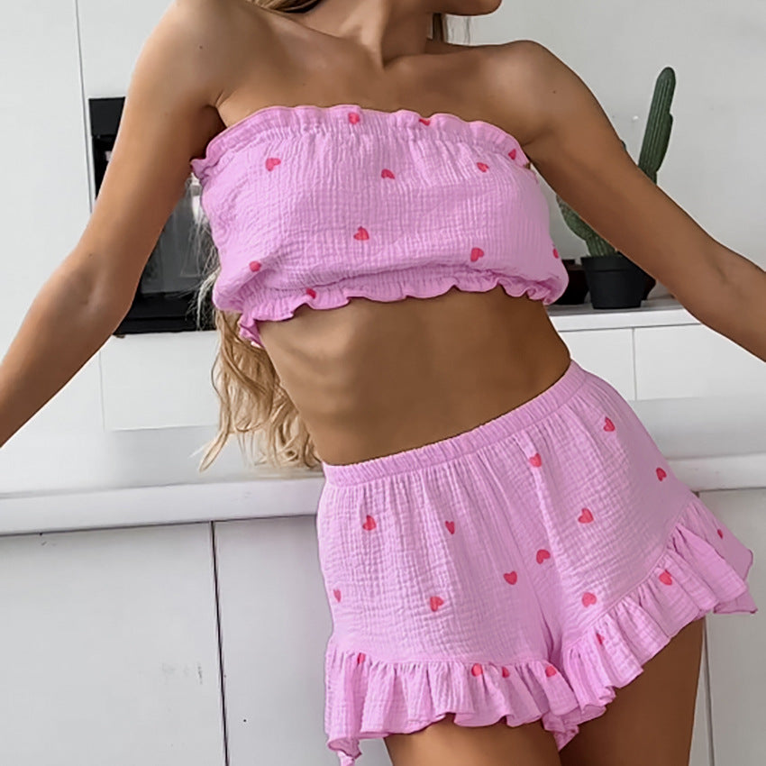 Dame Crop-Top og Shorts-Sæt med Flæse Detaljer Stilla