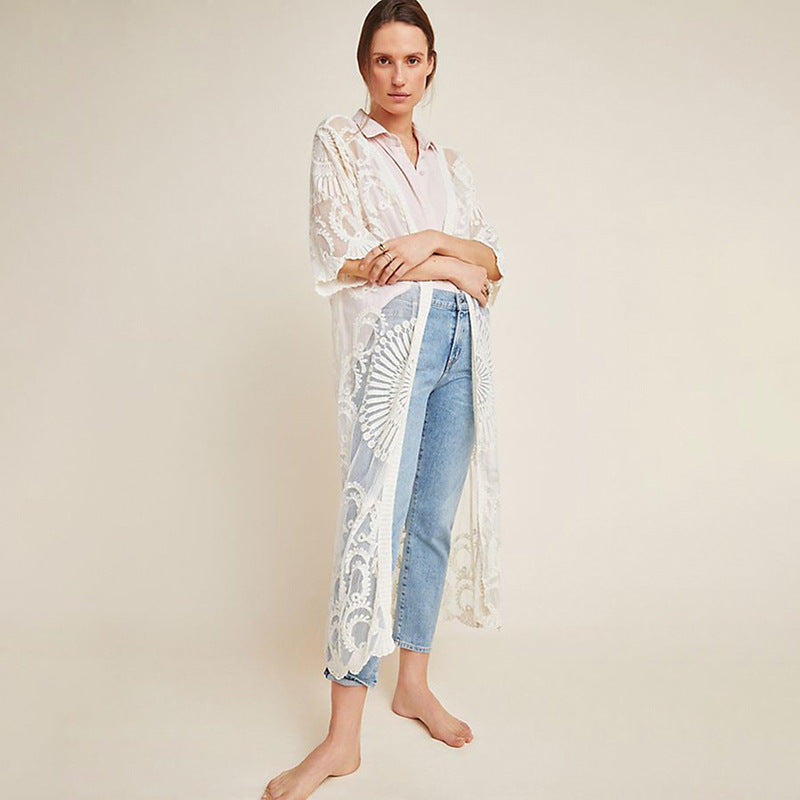 Dame elegant gennemsigtig strandkappe med kunstfærdig spidsudsmykning Stilla