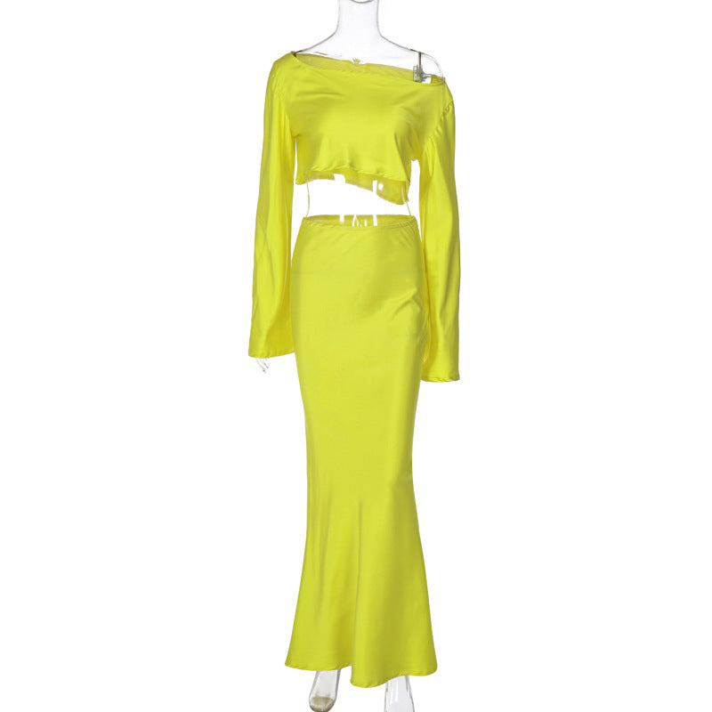 Dame Crop-Top og Nederdel Sæt i elegant Satin-stil Stilla