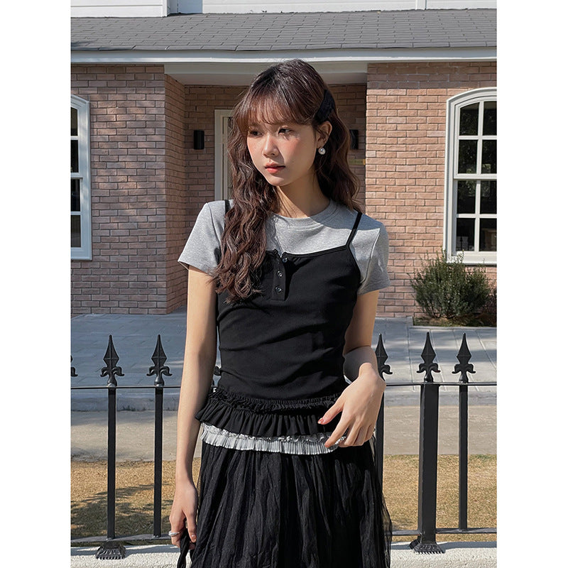 Dame afslappet lag-top med flæsekant og kortærmet nederdel Stilla