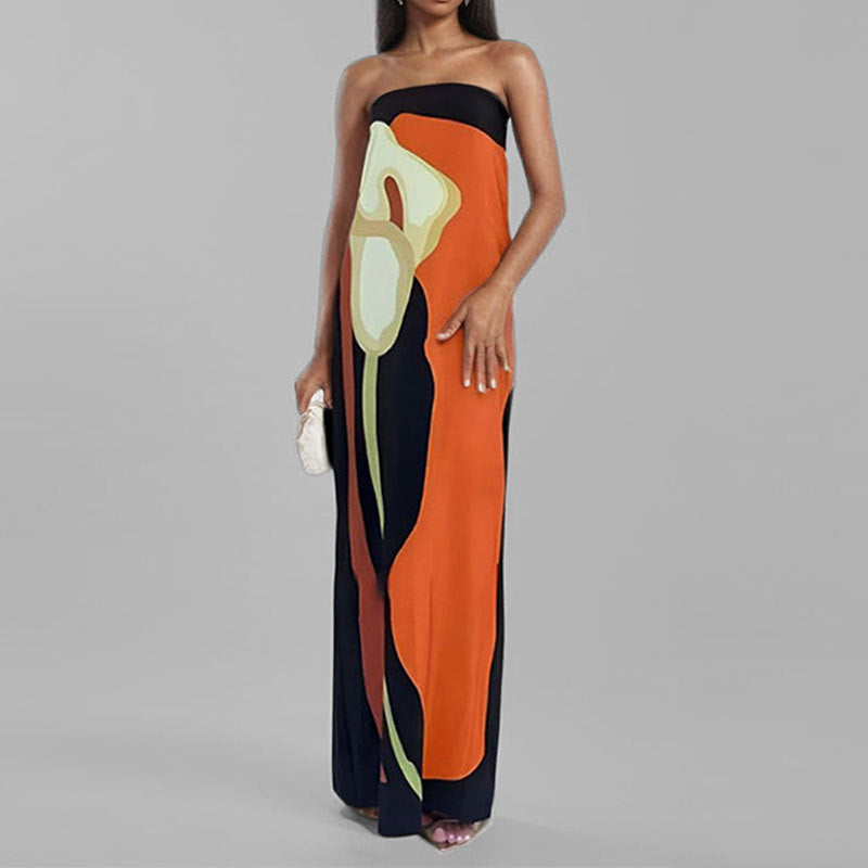 Dame Elegant Bandeau Maxikjole med kunstnerisk Floralprint Stilla