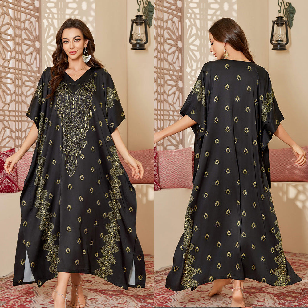 Dame Kaftan-Style Kjole med raffineret blomsterdesign og generøse ærmer Stilla