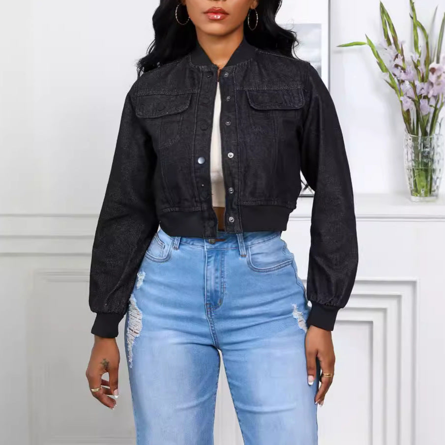 Dame cropped Denim-jakke med praktiske lommer og elastiske manchetter Stilla