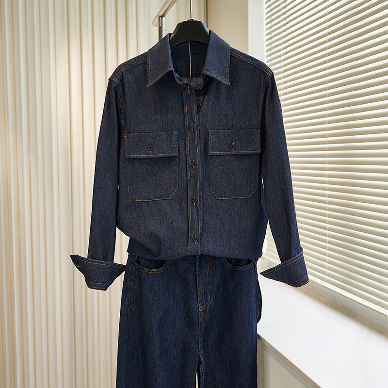 Dame afslappet denim skjortejakke med to brystlommer og moderne snit Stilla