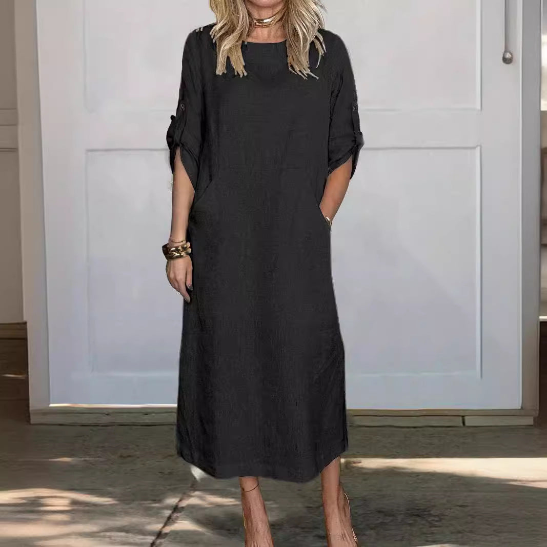 Dame afslappet maxikjole med praktiske lommer og 3/4-ærmer Stilla