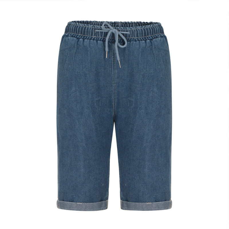 Dame Denim-Bermudaer med justerbar snor og opfoldet kant Stilla