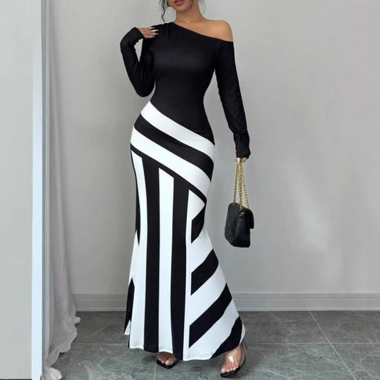 Dame elegant asymmetrisk maxikjole med stribemønster Stilla