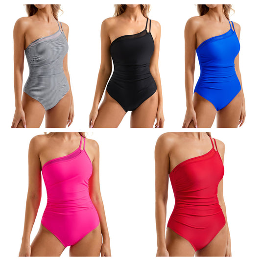 Dame Einteiler Badedragt med asymmetrisk skulderdesign og figurskabende rynk Stilla