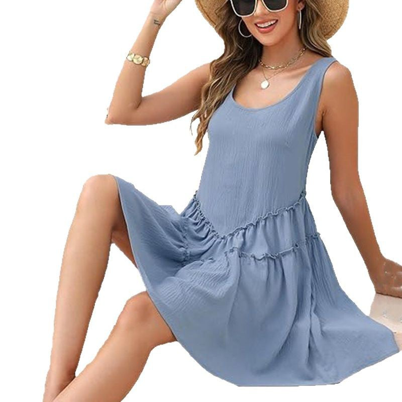 Dame afslappet fritidskjole med flæsedetaljer og praktiske lommer Stilla