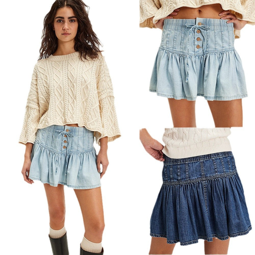 Dame Denim-nederdel i afslappet A-linje skæring med knapdetaljer og gummibånd Stilla