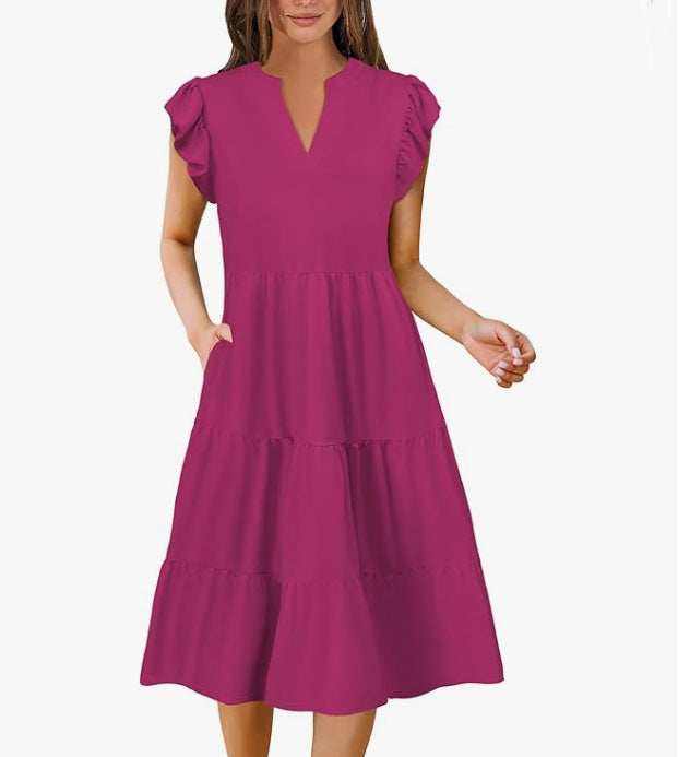 Dame afslappet sommerkjole med uldne ærmer og V-hals Stilla