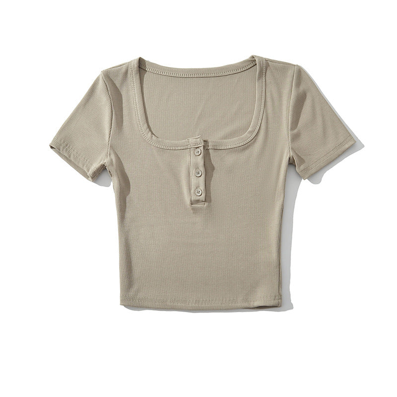 Dame cropped T-shirt med kvadratisk udskæring og knapdetaljer Stilla