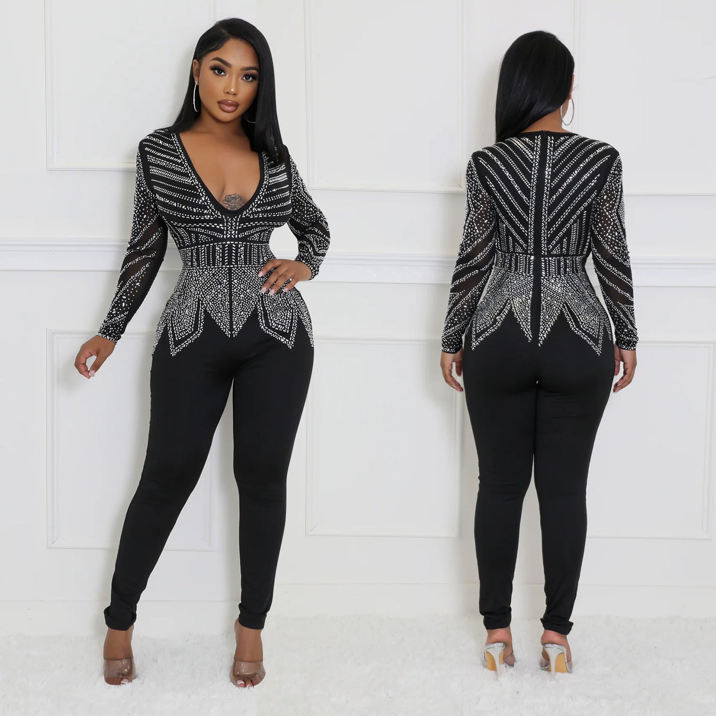 Dame Elegant Bodycon Jumpsuit med strassdekorationer og dyb V-udskæring Stilla