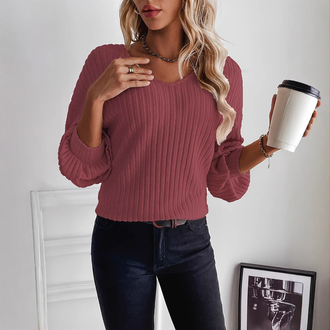 Dame afslappet ribpullover med V-hals Stilla