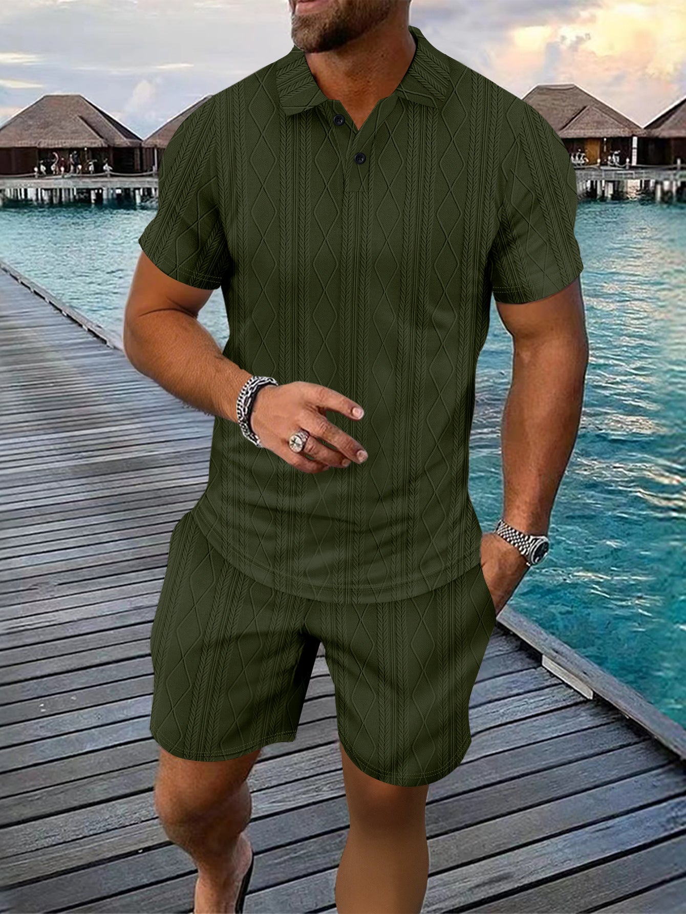Herrer Strukturstrik Polo og Shorts Sæt Stilla