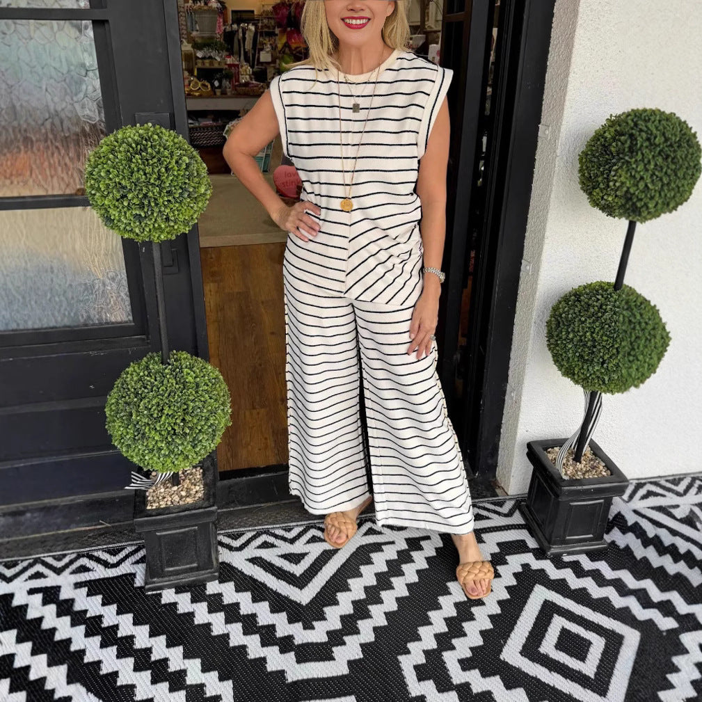 Dame stribet jumpsuit med bred ben og ærmeløst design Stilla